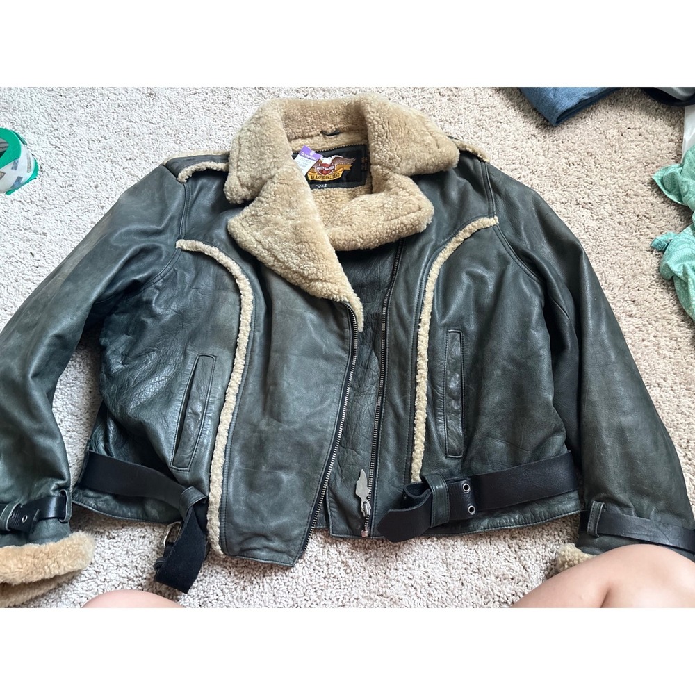 Vintage Biker Moto Aviator Harley Davidson Shearling Leather Jacket Green XL